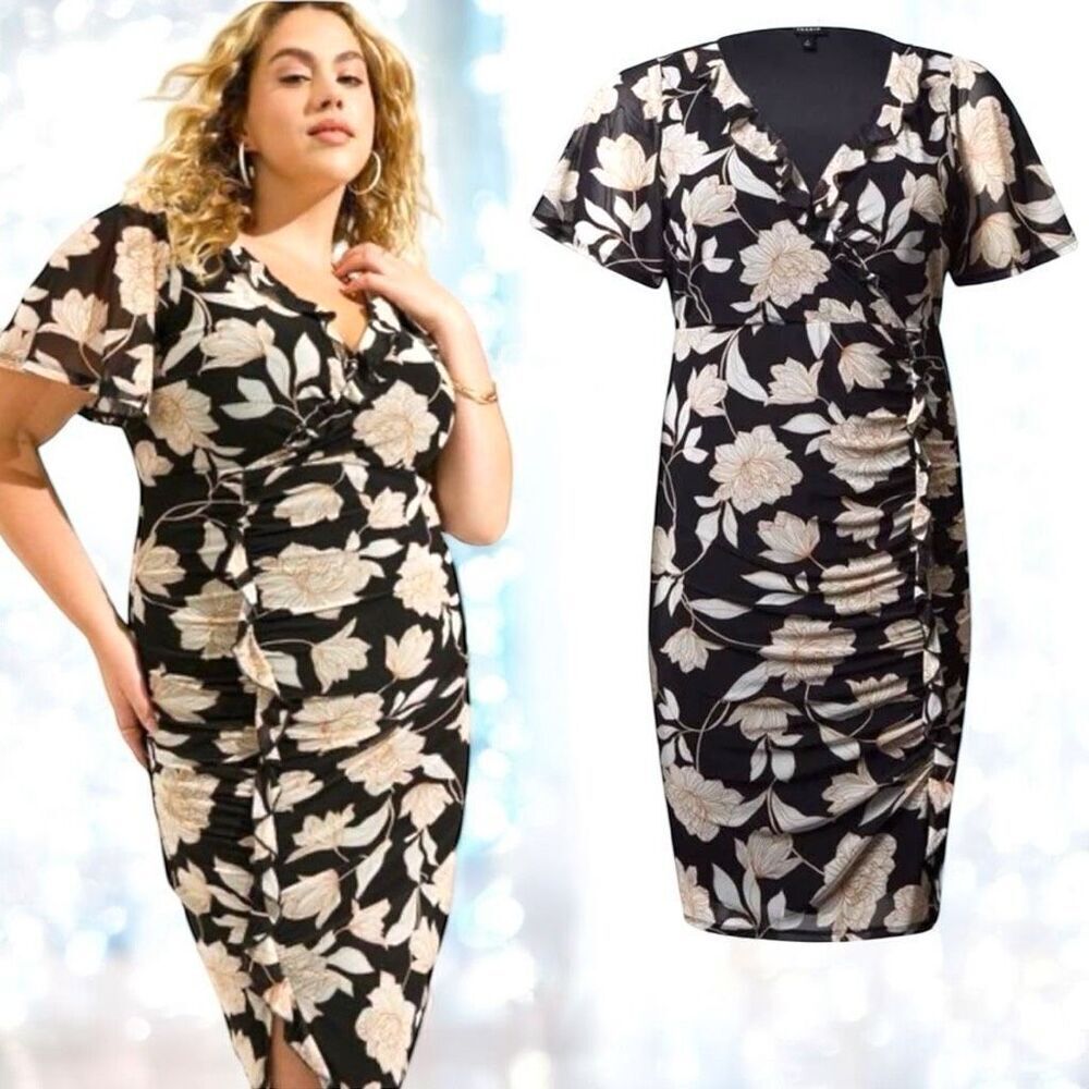 Torrid Floral At The Knee Mesh Surplice Ruffle Slit Dress Size 2 2XL NWT - Picture 2 of 13